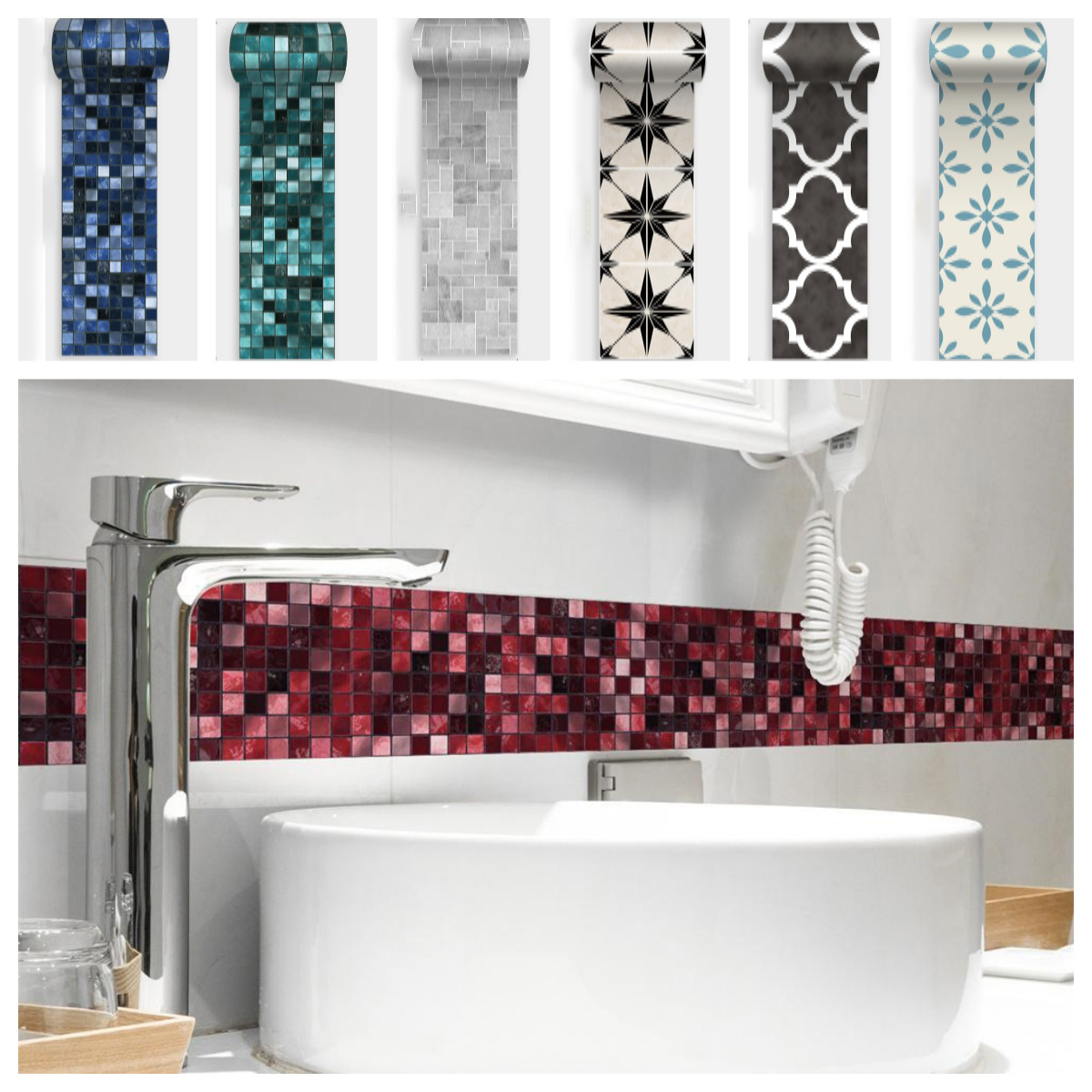 Home Bathroom Wallpaper - Rode Mozaïek Badkamer Waterdichte Taille Muurstickers