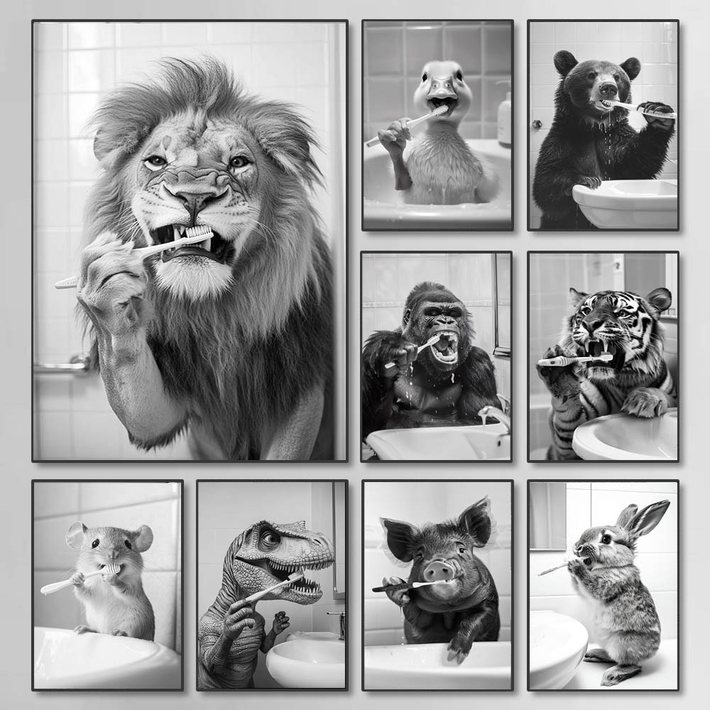 Home Bathroom Wall Art - Zwart Wit Grappige Badkamer Tandenpoetsen Poster